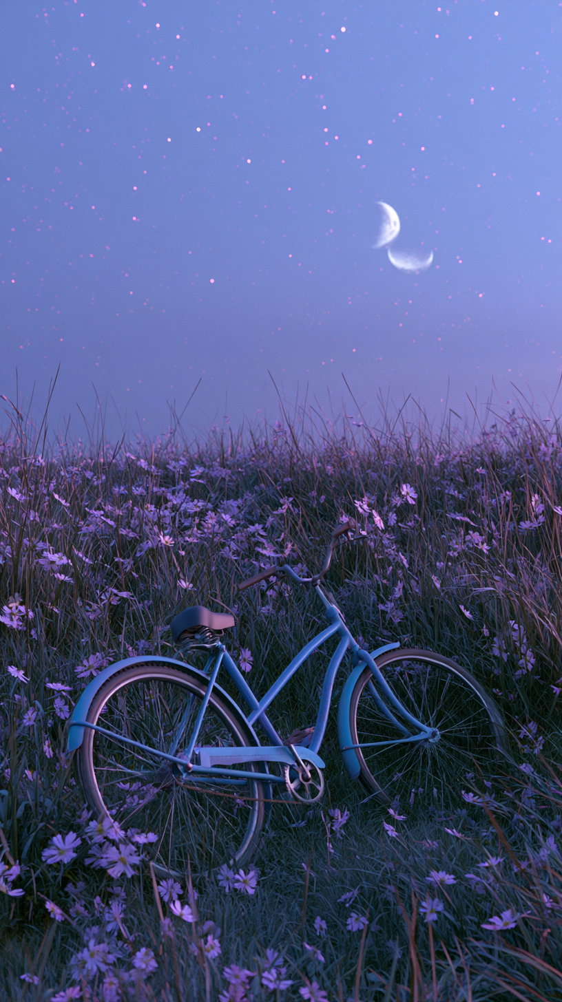 A blue bicycle standing among tall grass and purple flowers with a night sky featuring two crescent moons and scattered stars.