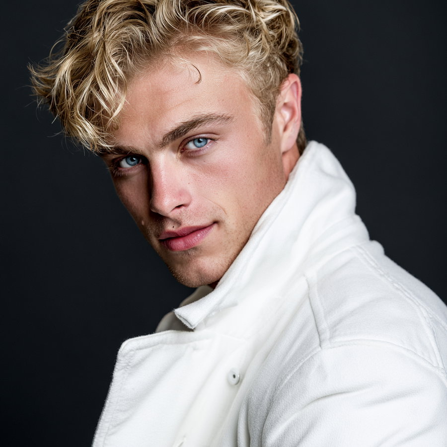 Close-up portrait of a young man with striking blue eyes and curly blonde hair, dressed in a white jacket against a dark background