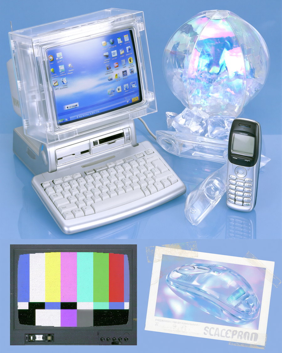 Vintage computer with a clear protective casing displaying a blue desktop screen, an iridescent object resembling a beach ball on a sled, a flip phone, a black and white test pattern screen, and a holographic computer mouse in a taped photo frame, all on a reflective blue surface