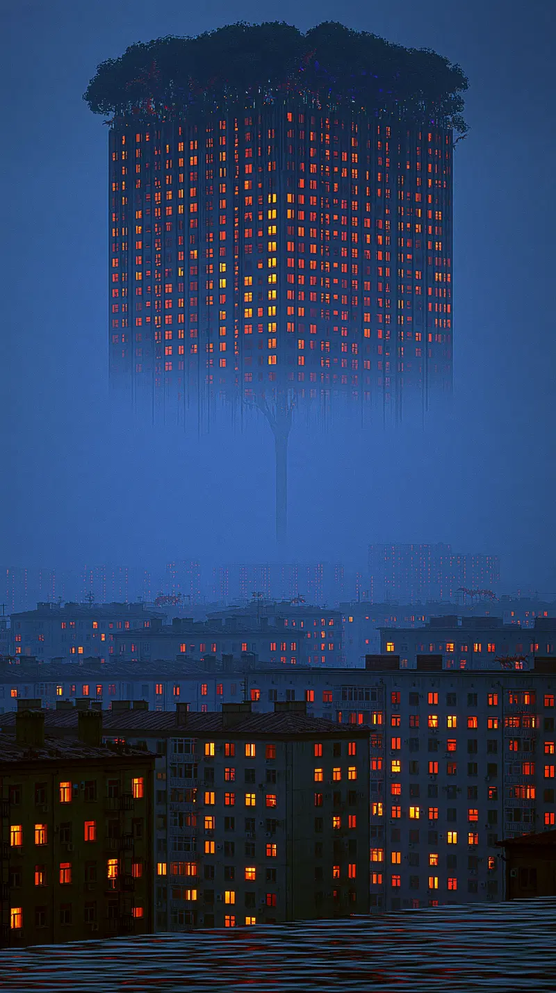 Surreal nighttime cityscape featuring a towering building shaped like a glowing tree