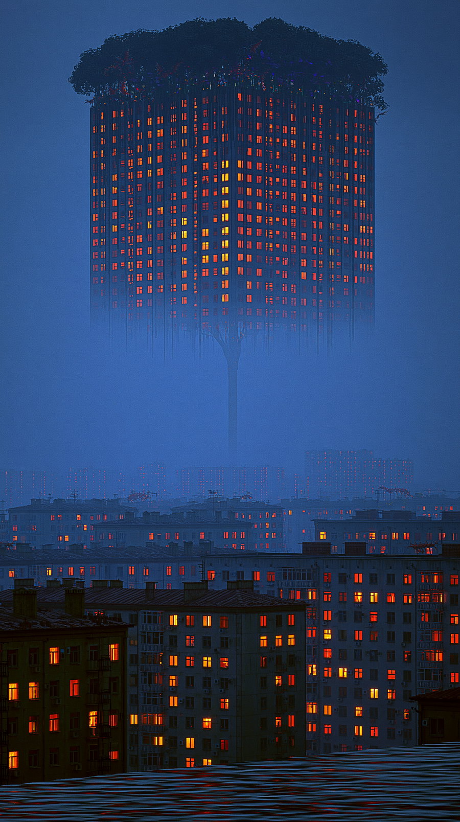 A large tree-shaped building with glowing windows rising above a foggy cityscape with multiple apartment buildings illuminated with warm lights during nighttime