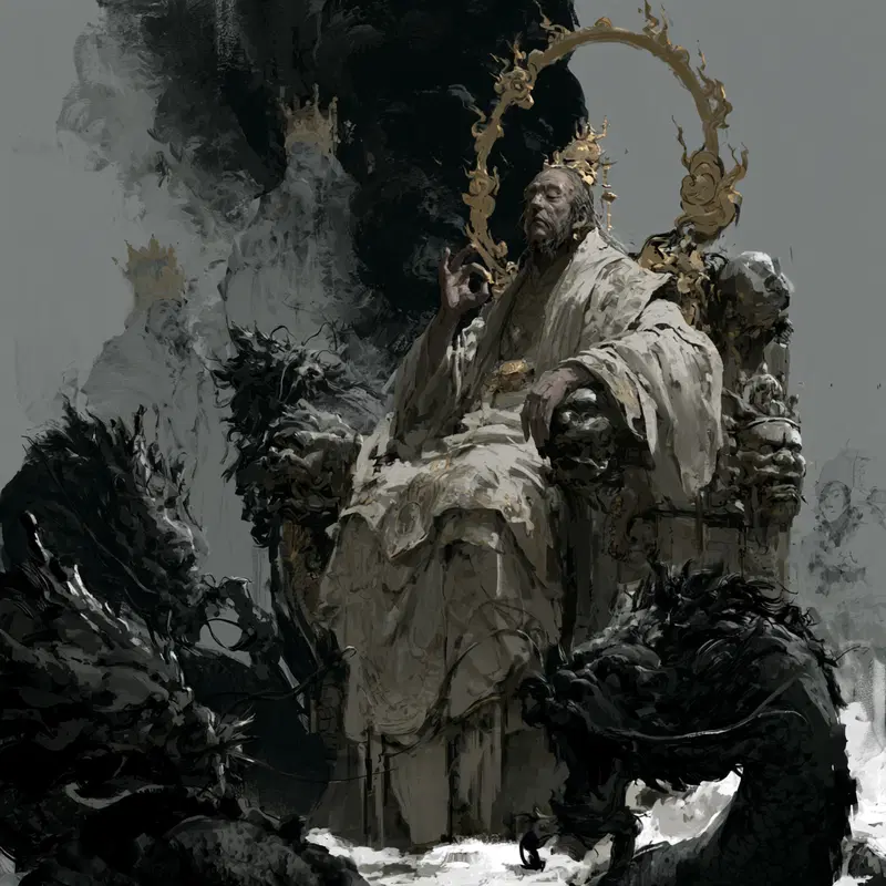 Majestic dark fantasy king seated on an intricate throne surrounded by shadowy figures