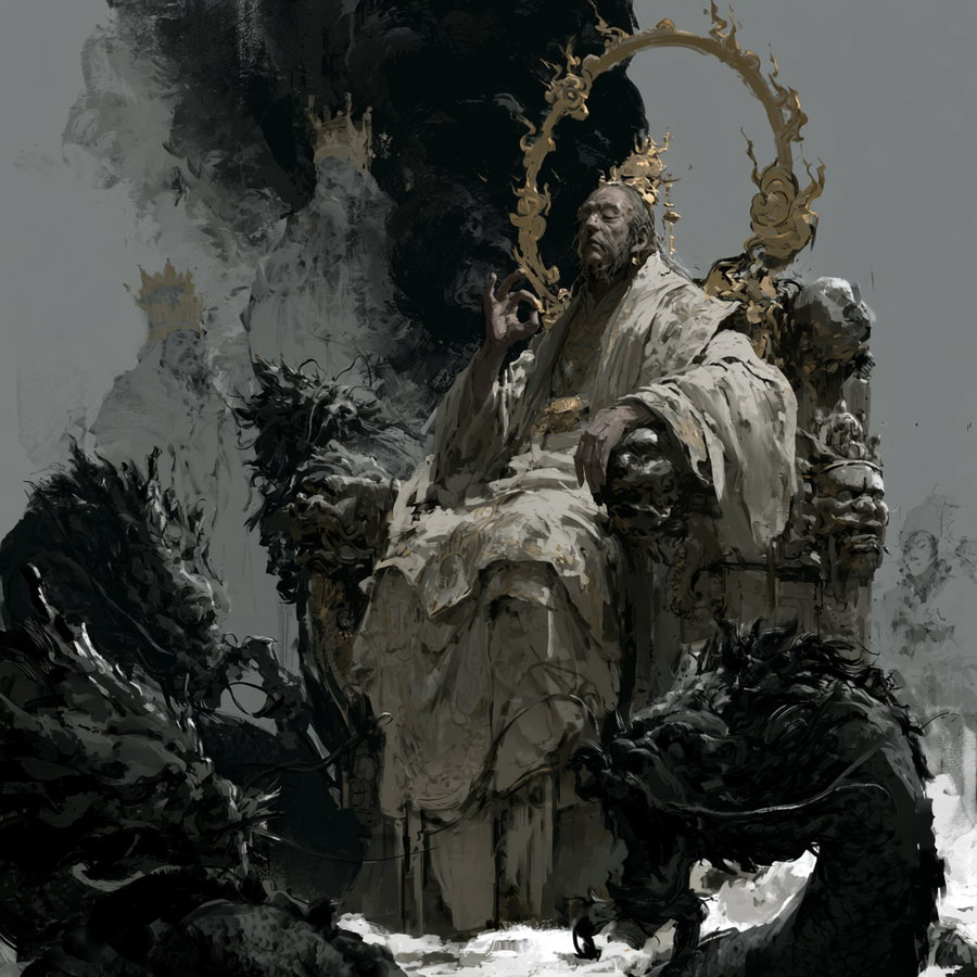 A dark fantasy scene featuring a regal king in ornate white robes seated on a detailed throne with gold accents, surrounded by terrifying shadowy, demonic figures against a dark, ominous background