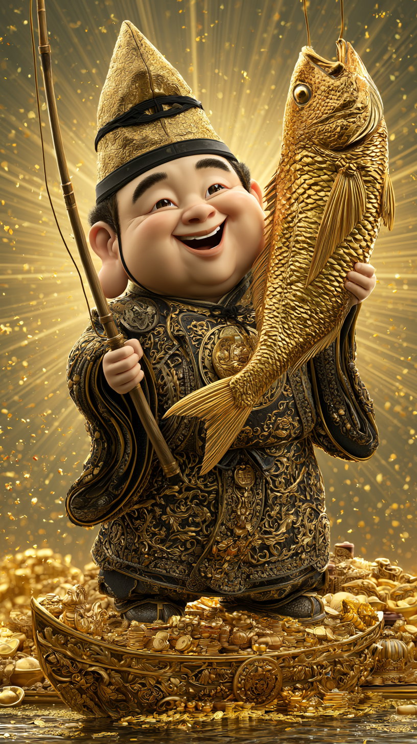 A joyful character dressed in elaborate gold and black clothing and a tall hat stands on a boat filled with gold coins and treasures, holding a fishing rod in one hand and a large golden fish in the other, with a radiant golden background and sparkling particles around.