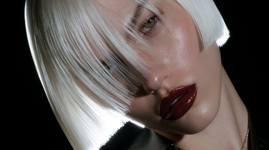 Close-up image of a woman with pale skin, platinum blonde bob haircut, subtle makeup, and dark red glossy lipstick, set against a black background