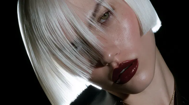 Close-up portrait of a woman with platinum blonde bob and dark red lipstick