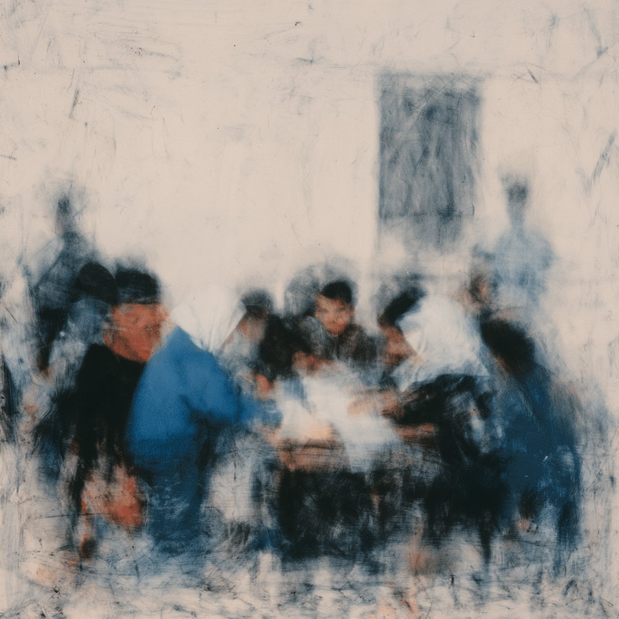 Abstract blurry illustration showing a group of people closely gathered around a table, with indistinct and smudged features and a faint background