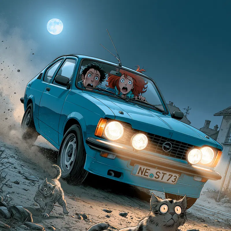 Two startled people in a blue car swerving at night with cats escaping