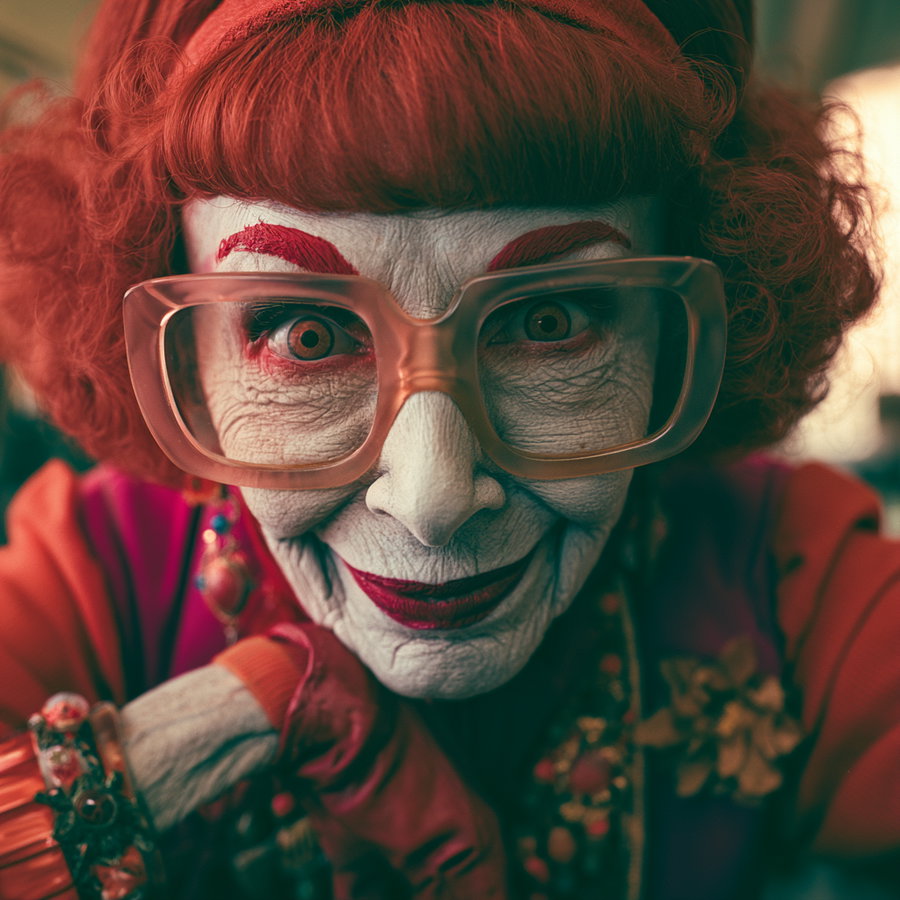 An elderly person with exaggerated red hair, white face makeup, thick red eyebrows, red lipstick, and large transparent glasses wearing colorful clothing and accessories.
