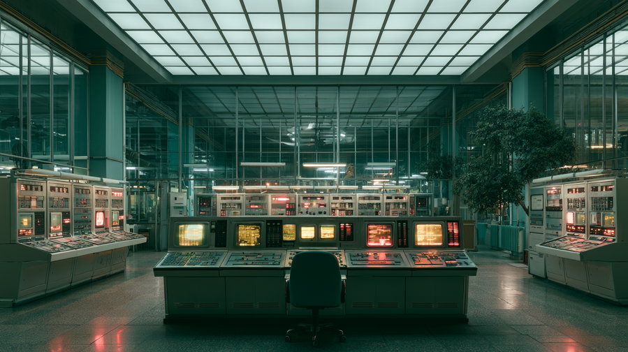 Interior of a large futuristic control room featuring multiple glowing monitors, retro-style control panels, an adjustable office chair, and ambient lighting under a grid ceiling. The surroundings include glass walls and various illuminated consoles.