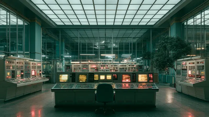 Futuristic control room with glowing monitors and retro panels
