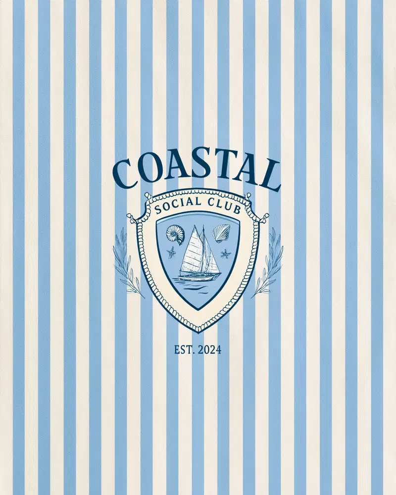 Coastal Social Club emblem with sailboat and seashells on blue striped background