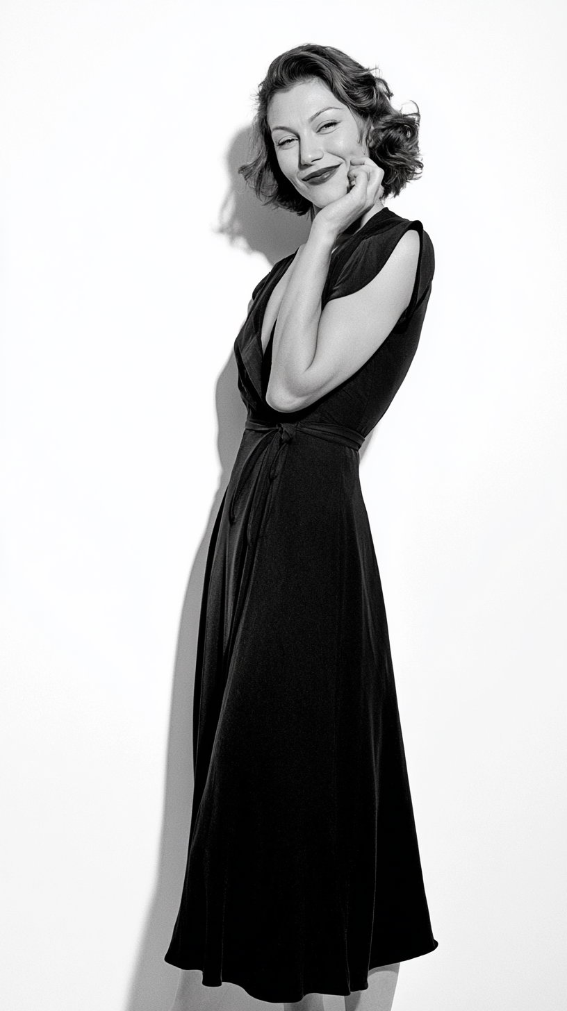 A black and white photo of a woman with short curly hair wearing a black dress, posing with one hand touching her face and a slight smile, standing against a plain white background.