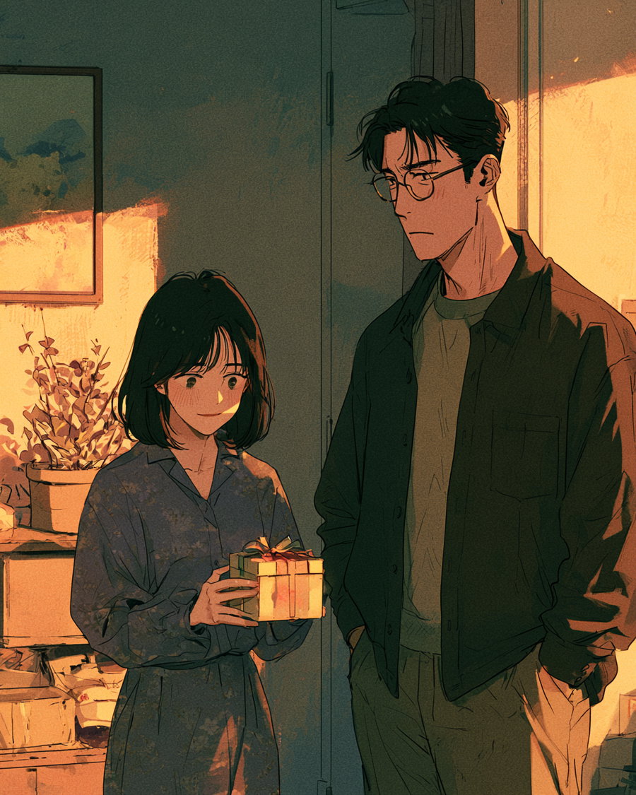 Digital art of a young woman holding a gift box and a man standing beside her in a warmly lit room, with plants and furniture in the background.