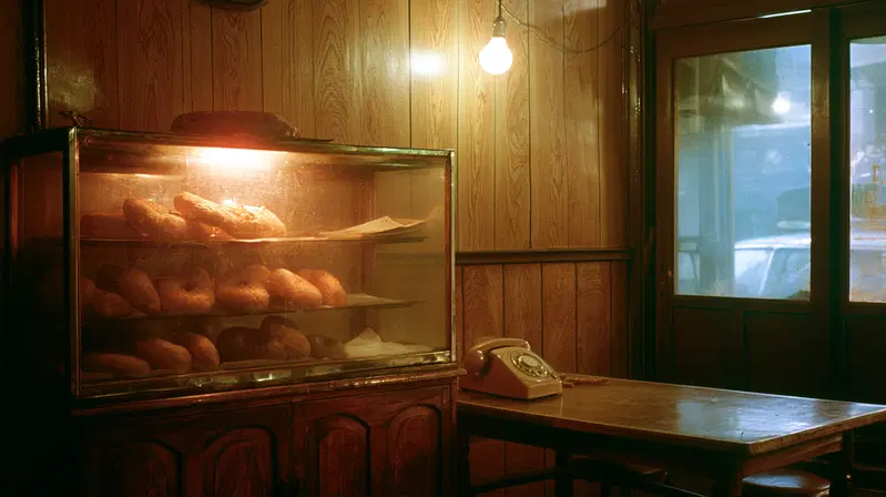Warm vintage bakery shop interior with donuts and rotary phone