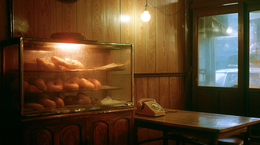 Interior of a vintage bakery or cafe with a glass case showcasing donuts, wooden paneled walls, a table with a rotary telephone, and a glowing light bulb above
