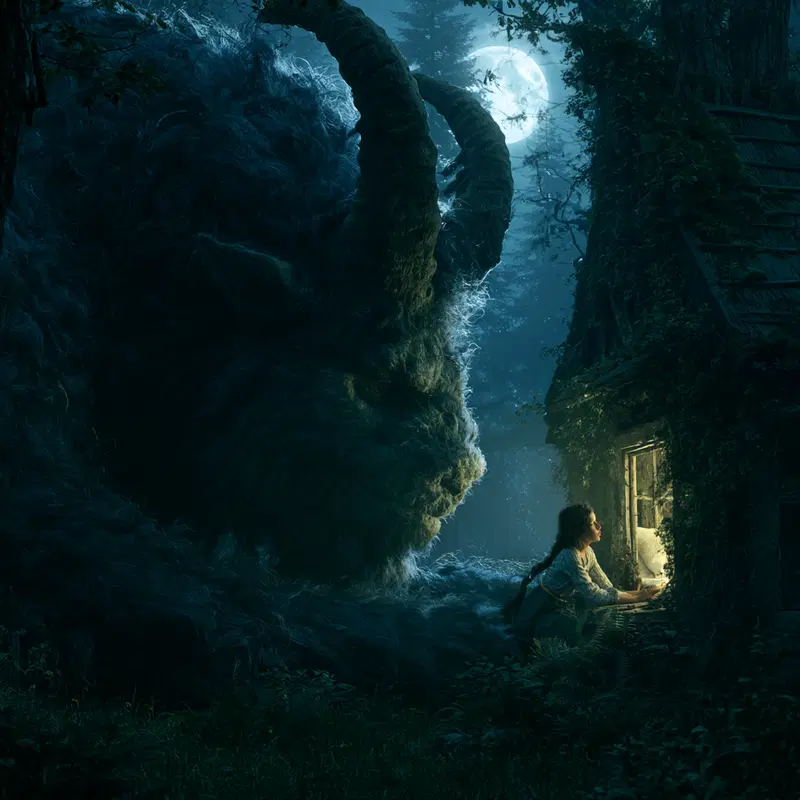 A girl with long braid near illuminated cottage window facing a large mythical horned creature under full moon