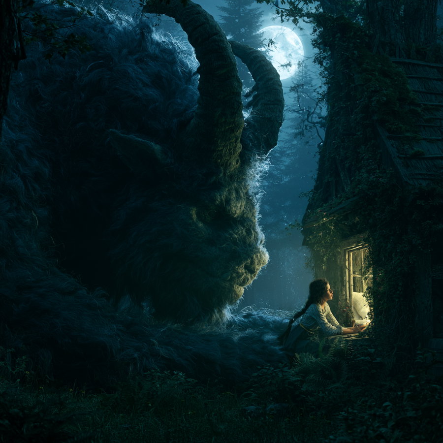A fantasy scene showing a large furry mythical creature with horns beside a small ivy-covered wooden cottage with a girl leaning on the window sill, illuminated by light inside, set in a dark forest with a full moon in the background.