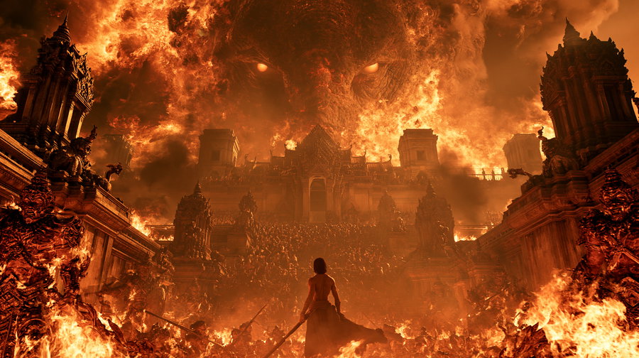 A muscular person stands with a sword facing a large ancient temple engulfed in flames, with a massive fiery creature's face appearing in the burning sky above the temple, surrounded by fire and smoke.