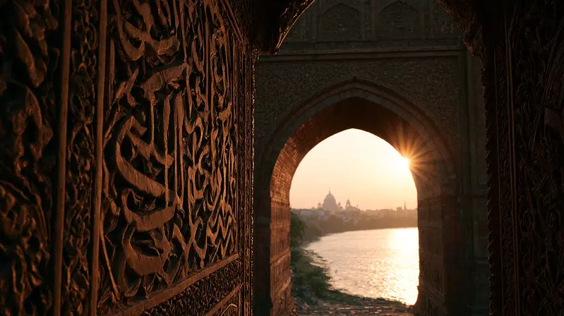 Intricate ancient archway carved in stone with a river and sunset view