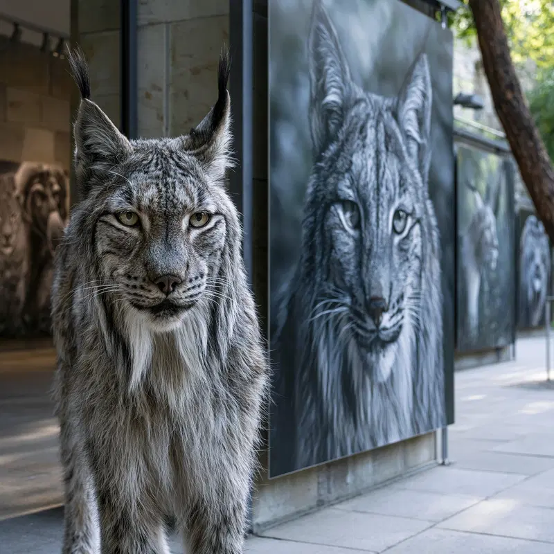 Majestic Eurasian lynx standing near detailed wildlife portraits in outdoor gallery