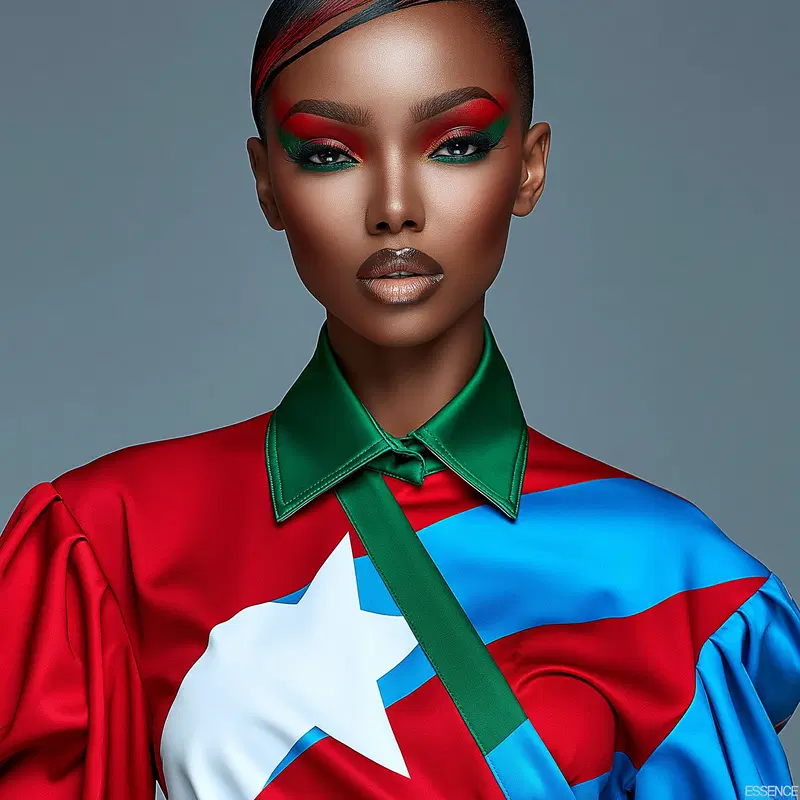 High fashion portrait of a woman with striking colorful makeup and bold outfit