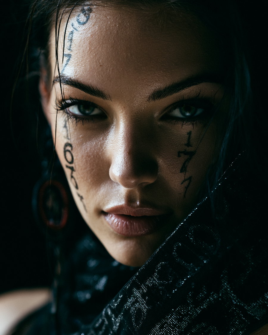 A close-up photo of a woman with dark hair, facial tattoos including numbers and symbols on her forehead and cheeks, wearing dark clothing with shimmering patterns, and looking intensely at the camera against a dark background.