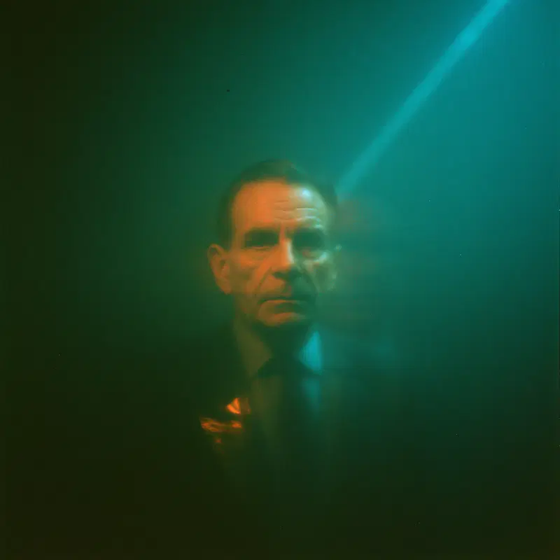Dark atmospheric portrait of a middle-aged man illuminated by green light