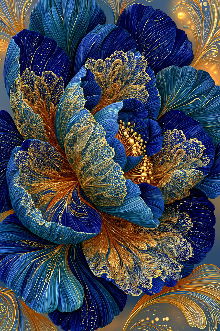 A close-up digital artwork of stylized blue flowers featuring intricate golden lace and line details on the petals and stamens, with swirling golden accents in the background.