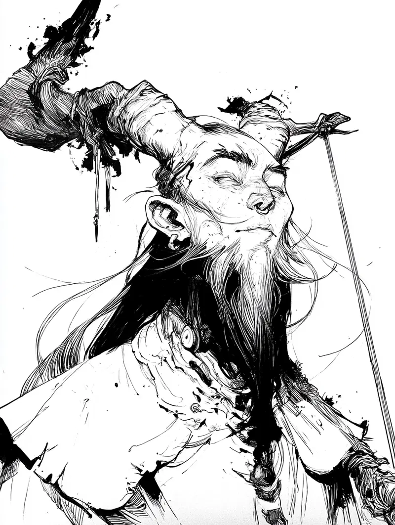 Detailed black and white illustration of a mythical horned creature with a long beard and closed eyes