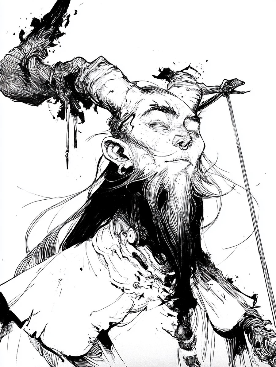 black and white ink drawing of a creature with large twisted horns, long beard, closed eyes, and intricate line work