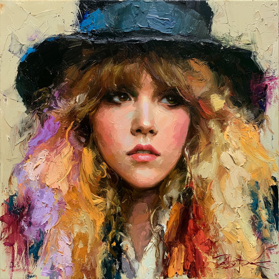 An oil painting of a young woman with striking, textured curly hair in shades of yellow, orange, and purple, wearing a black wide-brimmed hat and a focused expression on her face.