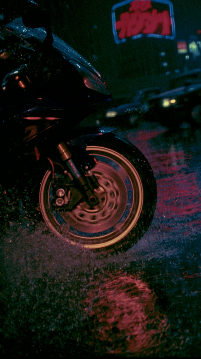 Motorcycle front wheel splashing water on wet pavement at night with neon city lights and cars in background
