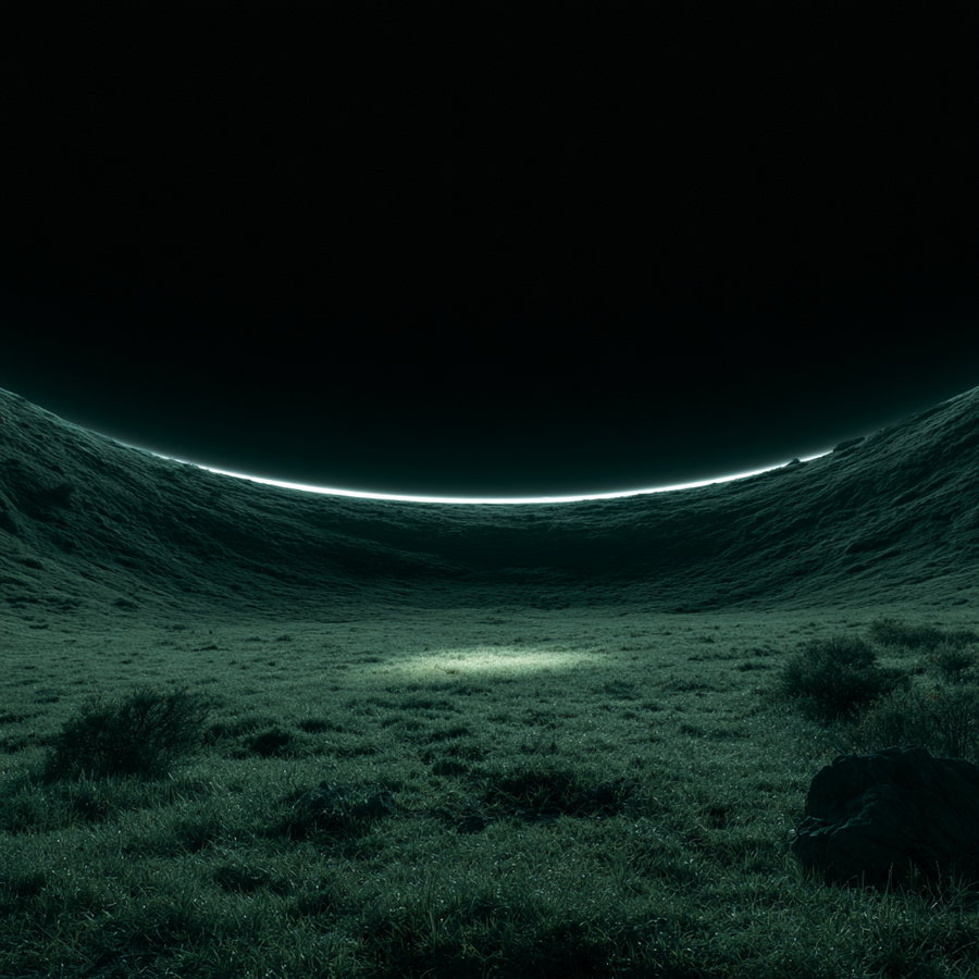A grassy crater-like landscape with a glowing rim at the top edge emitting an eerie teal light under a dark sky