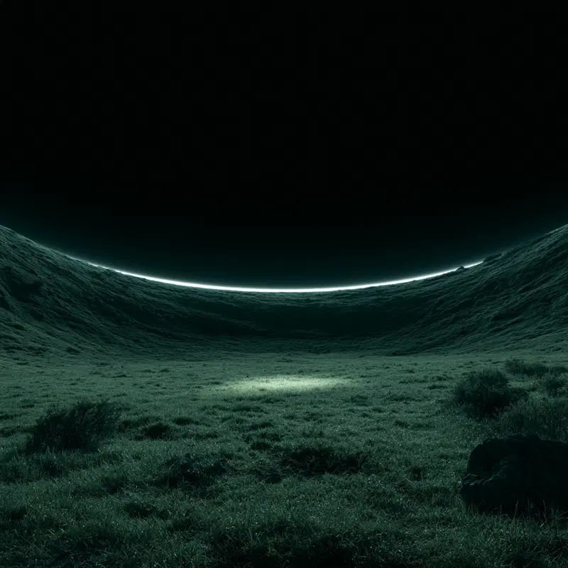 A surreal glowing crater landscape illuminated by eerie celestial light