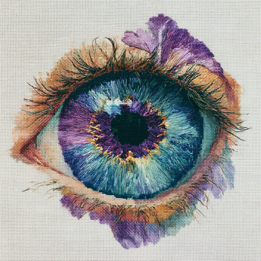 Close-up embroidery of a realistic human eye featuring blue, purple, and green threads with detailed eyelashes and skin texture