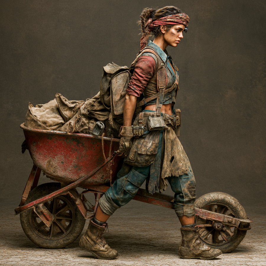 A determined woman dressed in worn, dirty work clothes and boots pulls a rusted red wheelbarrow loaded with bags and gear against a plain brown background