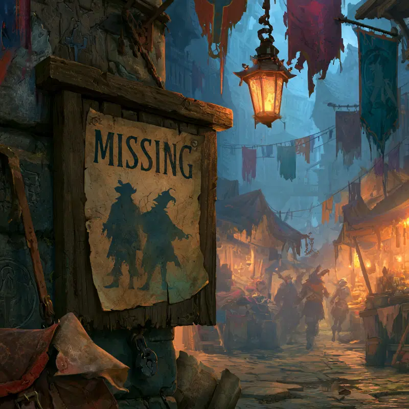 Detailed fantasy marketplace scene with missing person poster and medieval stalls