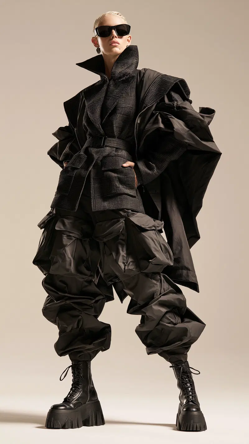 Futuristic fashion style with oversized cargo pants and platform boots