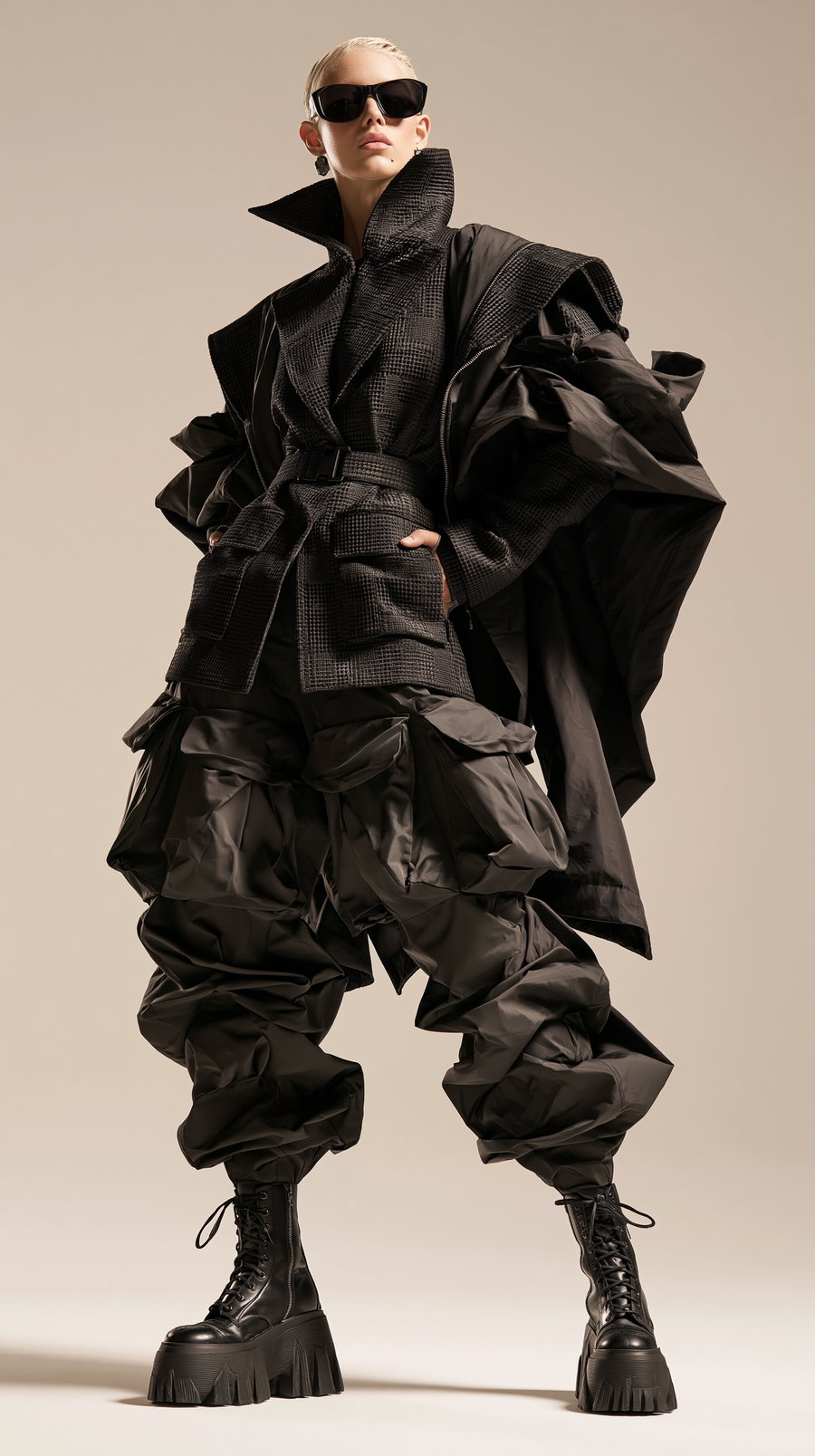 A person wearing high-fashion black oversized cargo pants, a textured belted jacket, a long flowing coat, platform lace-up boots, and large black sunglasses.