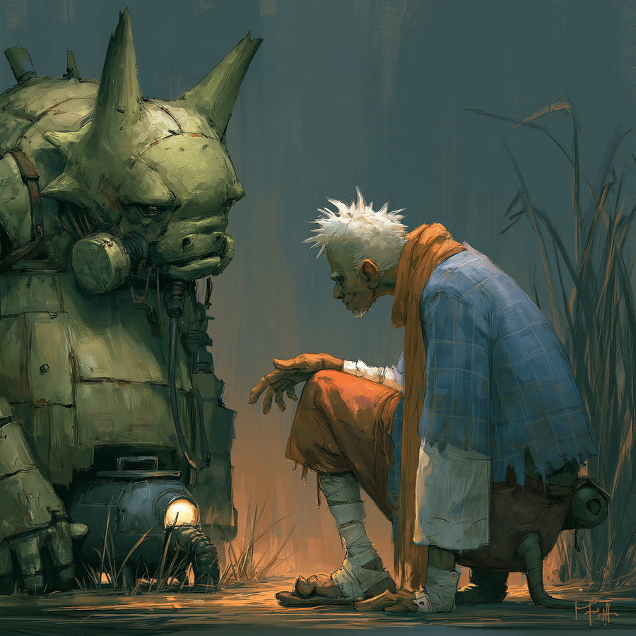 A detailed illustration of a man with white spiky hair, wearing a blue tattered cloak and orange clothes, sitting on a cylindrical object, facing a large green robotic creature with horns and a light at its base, set against a shadowy background with tall grasses.