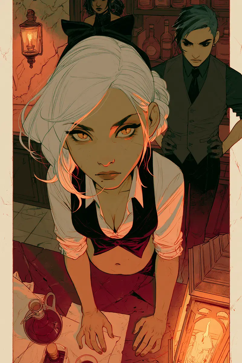 Intense scene of three stylized characters in a dimly lit room