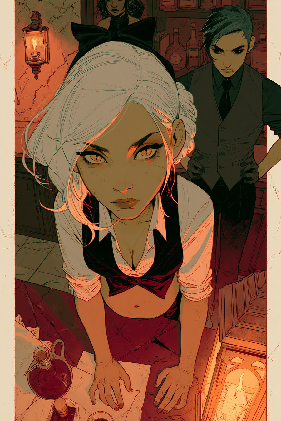 Three animated characters in a moody room lit by a candle lantern, with a woman in front with white hair leaning on a table and looking directly forward, a serious man and another woman in the background near old bottles on shelves.