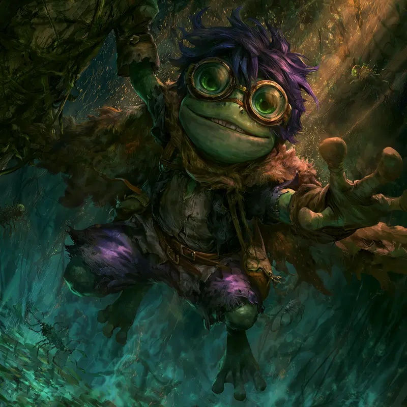 A fantasy frog creature with purple hair and goggles reaching forward in a mystical forest