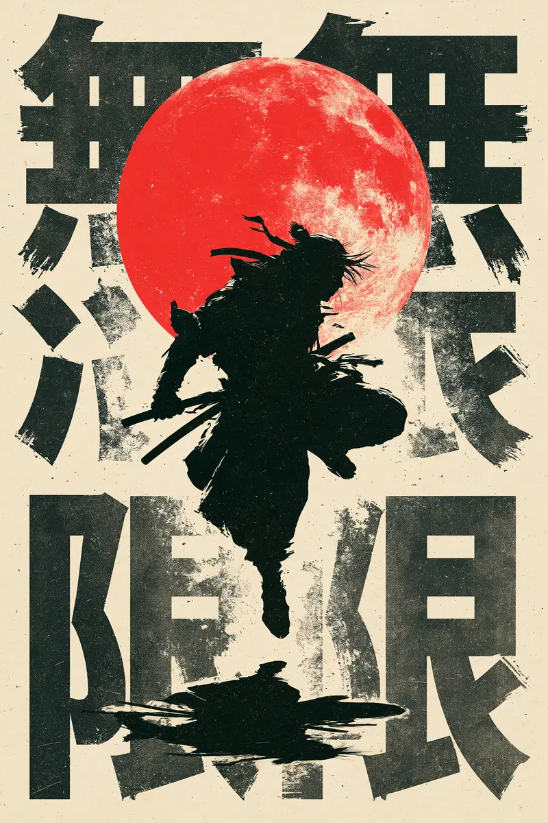 Silhouetted Samurai Warrior Leaping Against a Large Red Moon with Japanese Characters