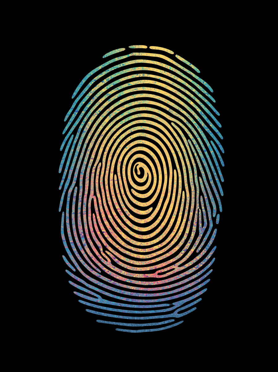 An abstract fingerprint shape composed of colorful textured lines with shades of yellow, pink, and blue on a black background.