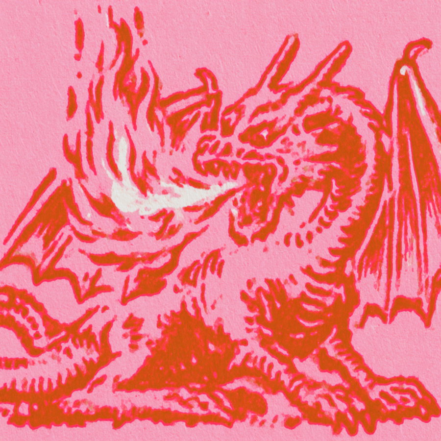 A red dragon with wings and claws breathing white fire on a plain pink background