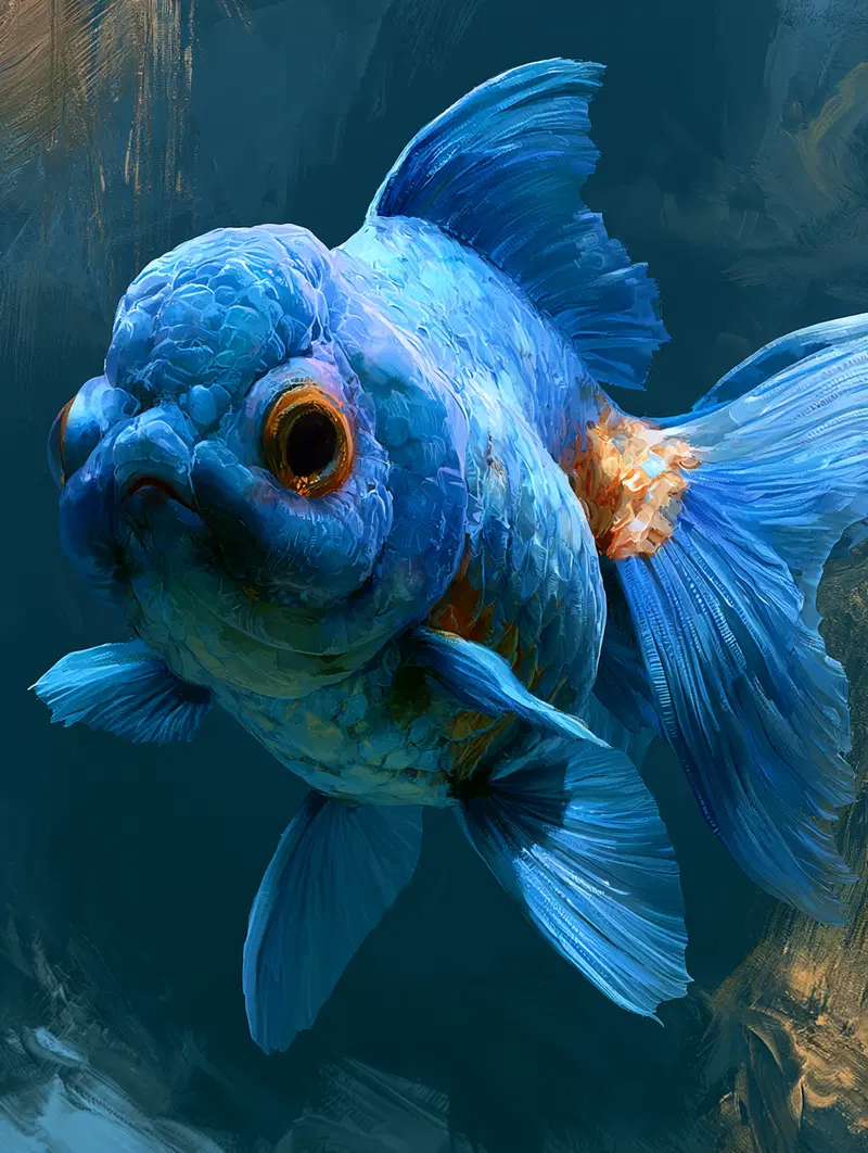Detailed painting of a blue fantasy goldfish with large orange eyes