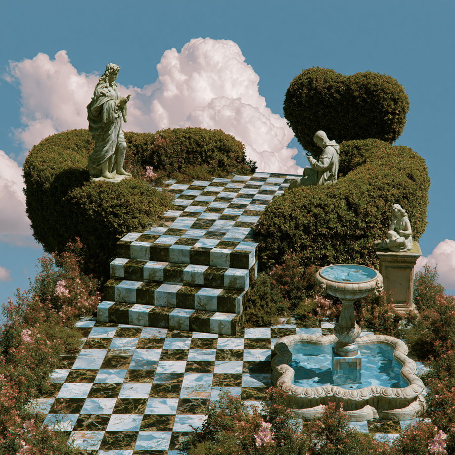 A surreal scene featuring a marble checkerboard path and stairs surrounded by lush, rounded bushes with three classical statues positioned around the garden and a stone fountain filled with water in the foreground, all set against a blue sky with large white clouds.