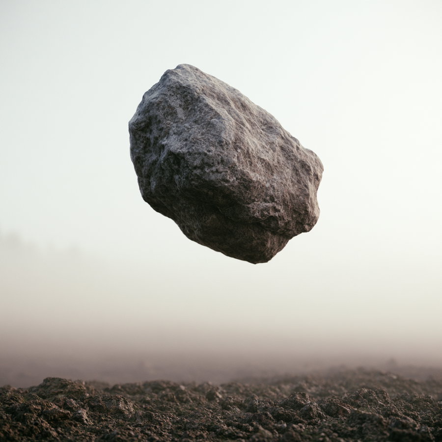 A single large rock levitating in mid-air above a rough, rocky terrain with fog obscuring the background